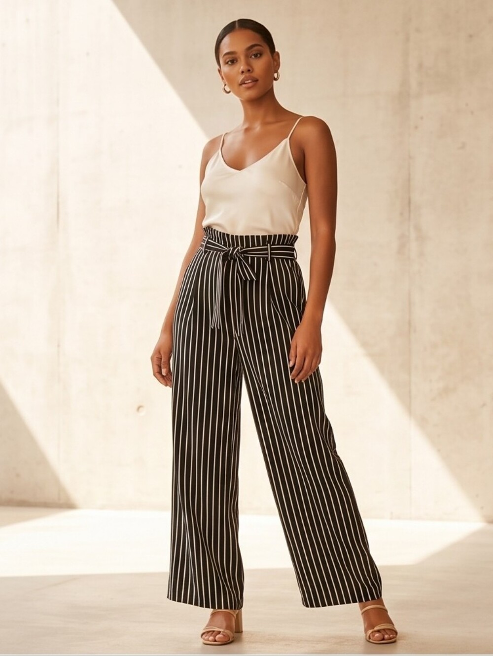 Who What Wear Black with White Pinstripe Baggy Pleated Trouser
